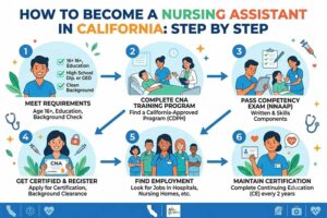 Infographic showing 6 steps to become a certified nursing assistant in California: meet requirements, complete a CDPH-approved CNA training program, pass the NNAAP competency exam, get certified and register, find employment, and maintain certification with continuing education every two years