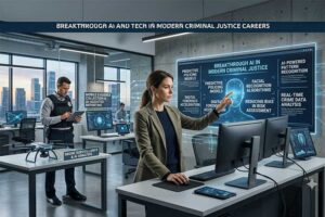 A criminal justice professional interacts with an AI-powered holographic display showing breakthrough AI and tech applications including predictive policing models, facial recognition algorithms, digital forensics acceleration, and real-time crime data analysis, while a law enforcement officer uses a tablet for mobile evidence collection in a modern tech-equipped workspace