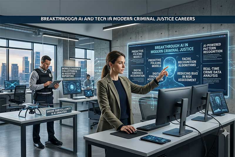 A criminal justice professional interacts with an AI-powered holographic display showing breakthrough AI and tech applications including predictive policing models, facial recognition algorithms, digital forensics acceleration, and real-time crime data analysis, while a law enforcement officer uses a tablet for mobile evidence collection in a modern tech-equipped workspace