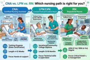 Infographic comparing CNA, LPN, and RN nursing roles by patient care duties, education path, and training length to help choose the right nursing career path