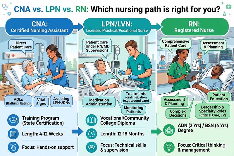 Infographic comparing CNA, LPN, and RN nursing roles by patient care duties, education path, and training length to help choose the right nursing career path
