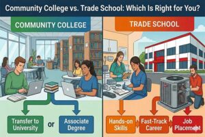 Split infographic comparing community college and trade school, showing university transfer and associate degree paths versus hands-on skills, fast-track careers, and job placement