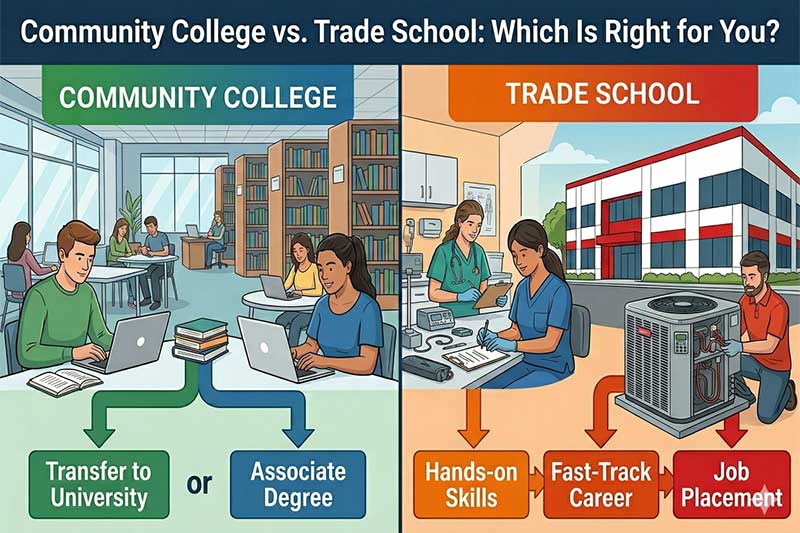 Split infographic comparing community college and trade school, showing university transfer and associate degree paths versus hands-on skills, fast-track careers, and job placement