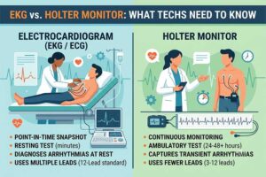 Split infographic comparing an EKG and a Holter monitor, showing a point-in-time resting test with multiple leads versus continuous ambulatory monitoring that captures transient arrhythmias