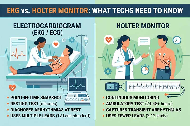 Split infographic comparing an EKG and a Holter monitor, showing a point-in-time resting test with multiple leads versus continuous ambulatory monitoring that captures transient arrhythmias