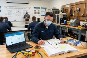 An HVAC student in a navy uniform and face mask studying EPA 608 certification exam materials at a workbench with manifold gauges, a multimeter, and an open textbook, with a laptop displaying an 85% practice exam score, inside a hands-on HVAC training classroom with refrigerant equipment and an instructor at the whiteboard
