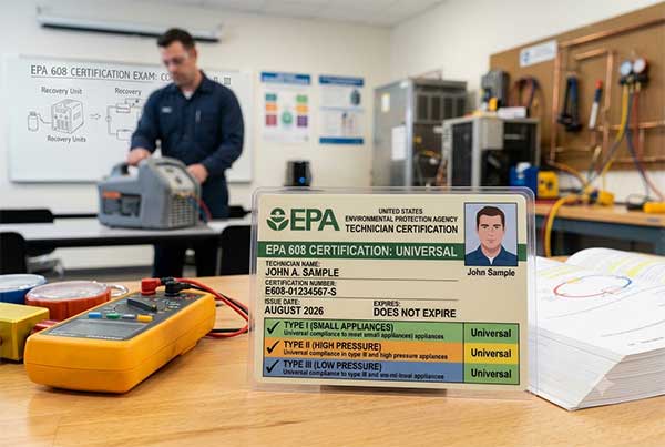 Sample EPA 608 Universal Technician Certification card issued by the U.S. Environmental Protection Agency covering Type I, Type II, and Type III refrigerant systems, displayed on a workbench with a multimeter and manifold gauges in an HVAC training classroom, with an instructor operating a refrigerant recovery unit in the background