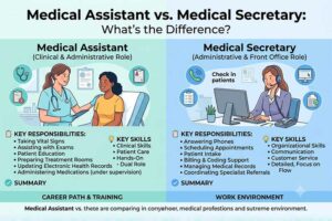 Infographic comparing a medical assistant handling clinical and administrative duties like vitals and exams versus a medical secretary focused on front office tasks like scheduling, billing, and managing medical records