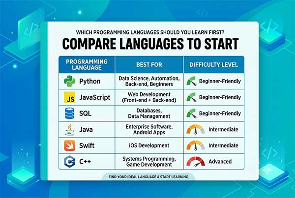 Infographic comparing six programming languages for beginners, showing Python, JavaScript, and SQL rated beginner-friendly for data science, web development, and databases, Java and Swift rated intermediate for enterprise software and iOS development, and C++ rated advanced for systems programming and game development